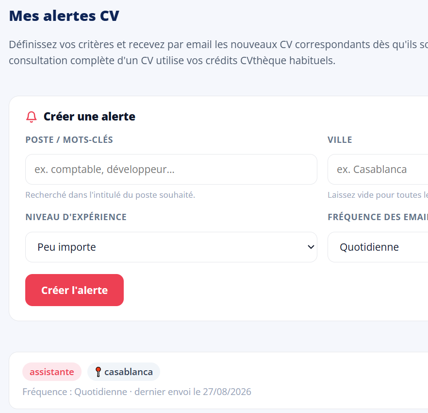 Le formulaire de création d’une alerte CV