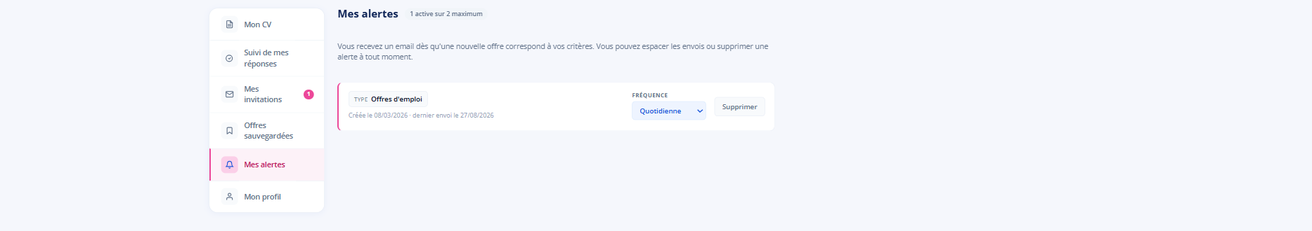Vos alertes : critères, fréquence et date du dernier envoi