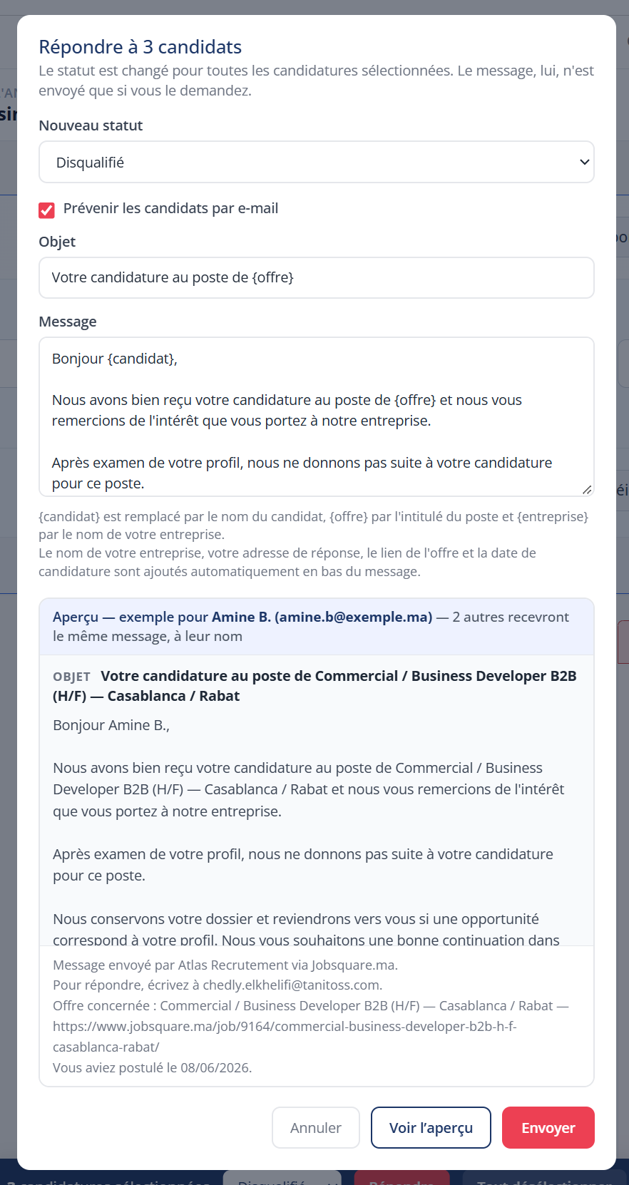 L’aperçu montre le message tel qu’il partira, bas de message compris
