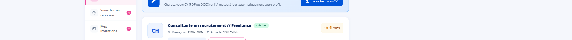 Le bandeau d’import : chargez votre CV, l’IA remplit votre profil