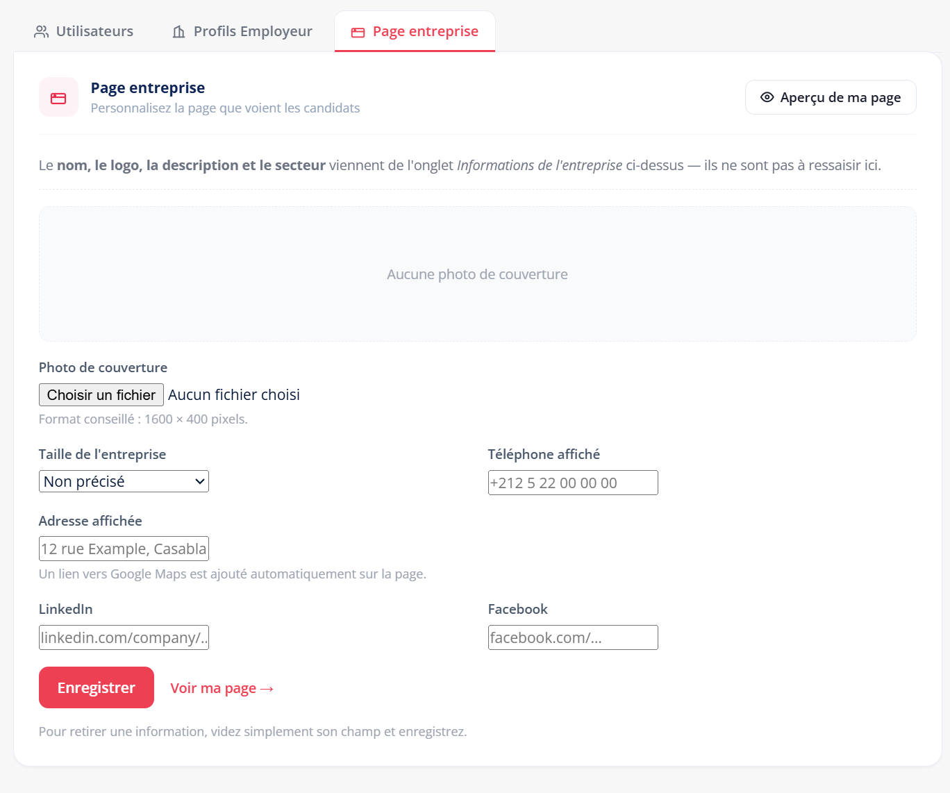 L’onglet Page entreprise : bannière, taille, téléphone, adresse et réseaux sociaux