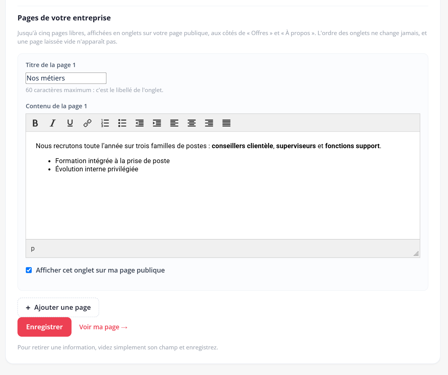 La rubrique Pages de votre entreprise, avec le bouton Ajouter une page