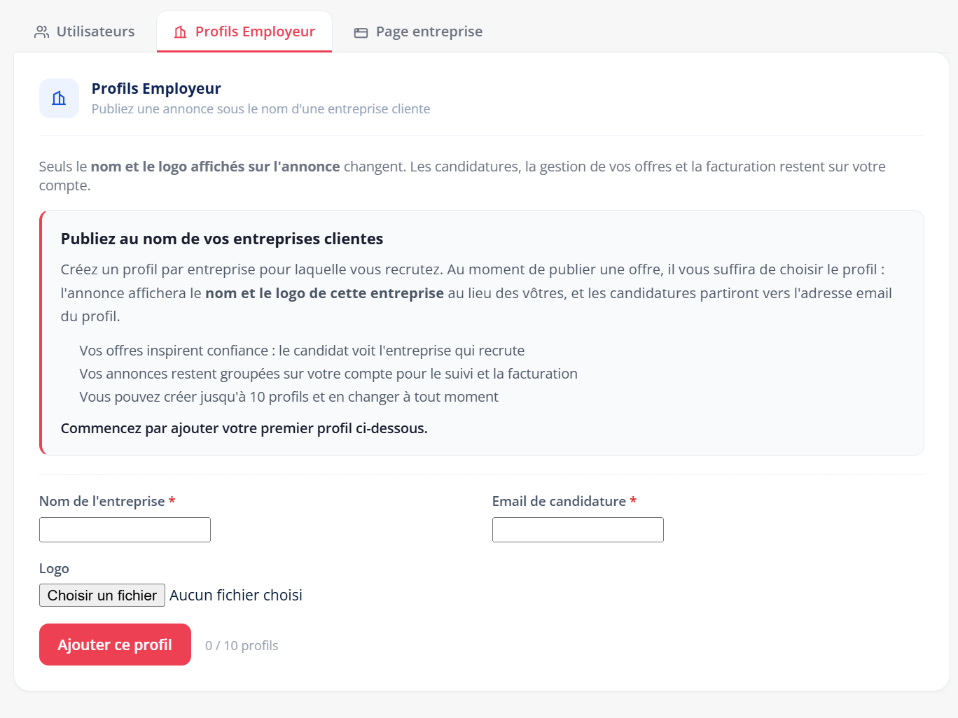 L’onglet Profils Employeur, pour publier sous le nom d’une entreprise cliente