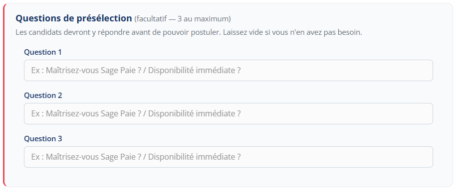 La section Questions de présélection, dans le formulaire de l’annonce