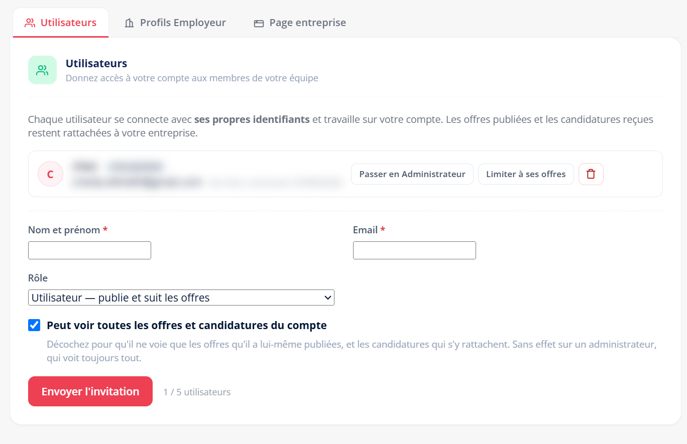L’onglet Utilisateurs : les collaborateurs du compte et le formulaire d’invitation